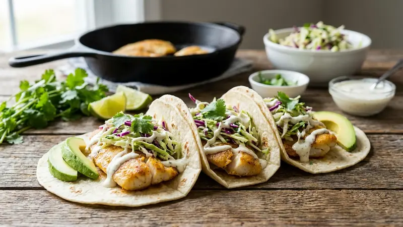 20-Minute Pan-Seared Tilapia Fish Tacos with Quick Slaw and Creamy Sauce