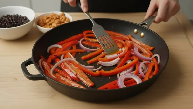 Char peppers & combine with beans and turkey