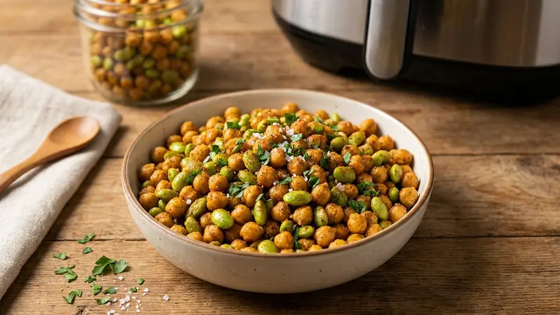 Air Fryer Spiced Roasted Chickpeas and Edamame Snack Mix