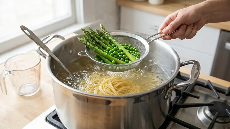 Boil pasta and blanch vegetables