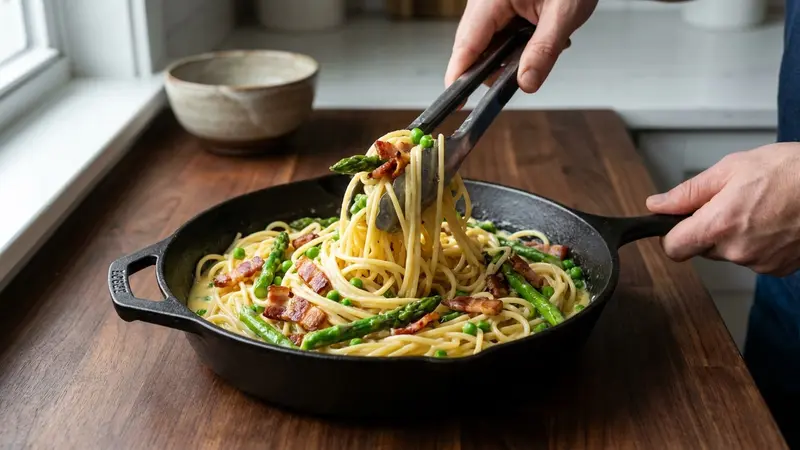 Toss pasta with pancetta and finish the sauce