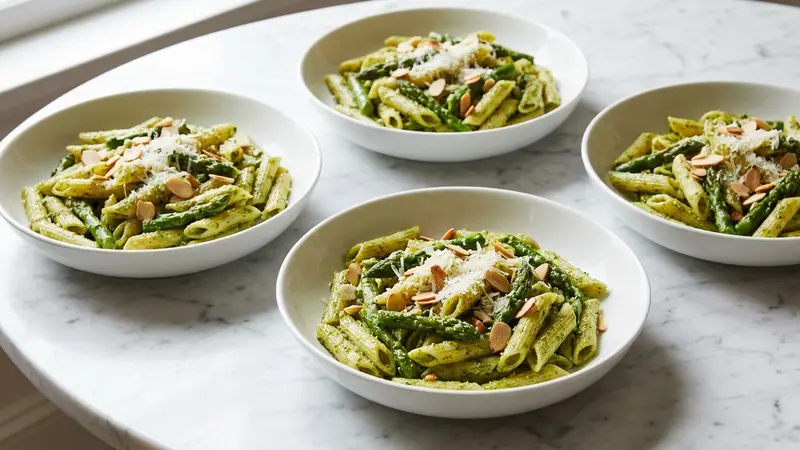 Asparagus Pesto Penne with Basil and Toasted Almonds