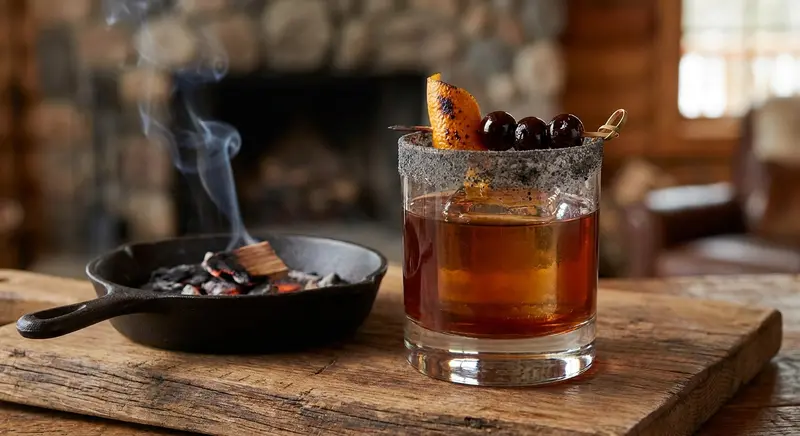 Campfire-Smoked Old Fashioned with Grilled Orange and Wood-Ash Rim
