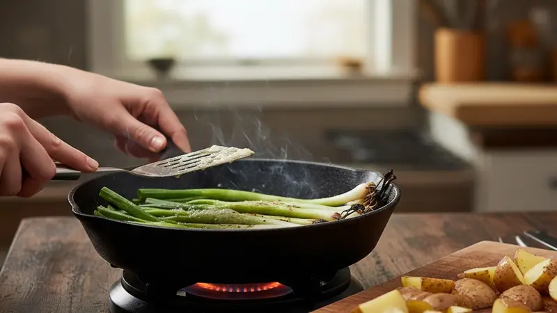 Char the scallions and cut potatoes