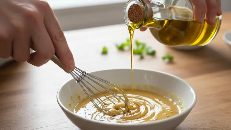 Make the mustard‑bacon vinaigrette