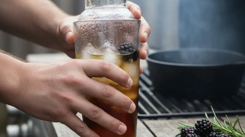 Shake the cocktail base with bourbon, lemon and blackberries