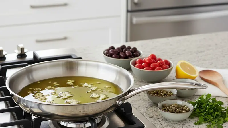 Prepare the warm olive‑tomato tapenade