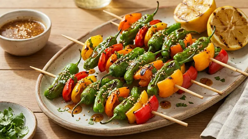 Charred Shishito and Bell Pepper Skewers with Sesame-Garlic Sauce