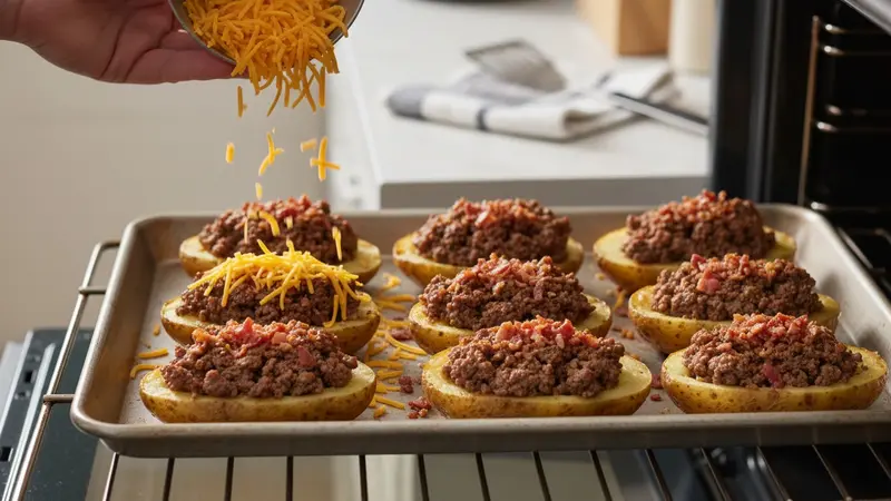 Fill skins, top with cheese & bacon, and melt