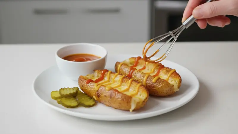 Make ketchup–mustard drizzle and serve