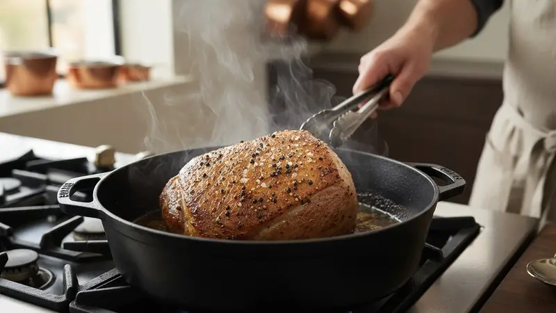Season and brown the pork