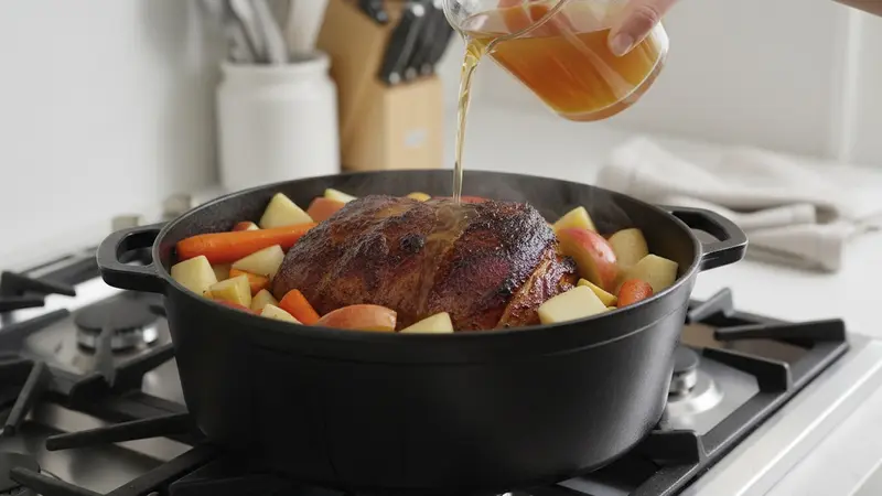 Deglaze, add liquids and braise with vegetables and apples