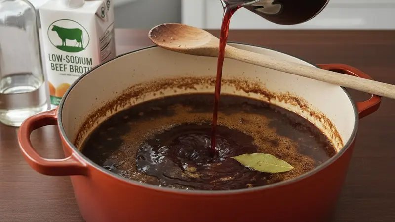 Deglaze and build the braising liquid