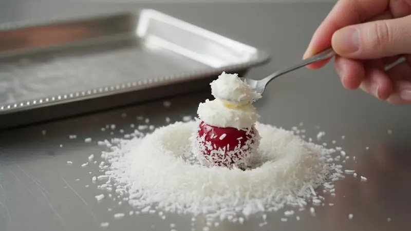 Coat cherries with cream and coconut