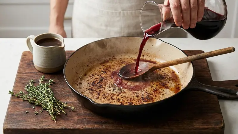 Deglaze with red wine and add stock