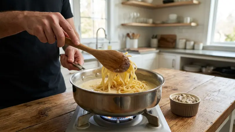 Toss pasta with sauce and finish with truffle butter
