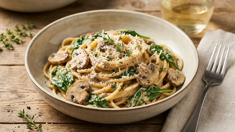 Creamy Mushroom and Spinach Pasta (Vegetarian, 20 Minutes)