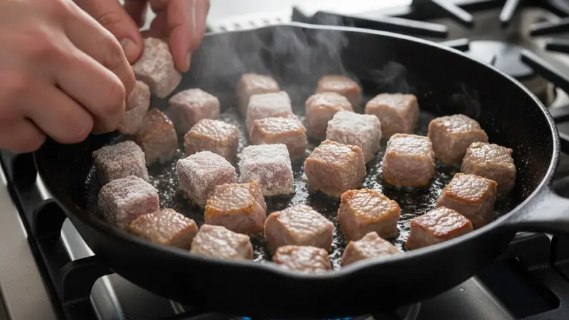 Sear the cubes until deeply crispy