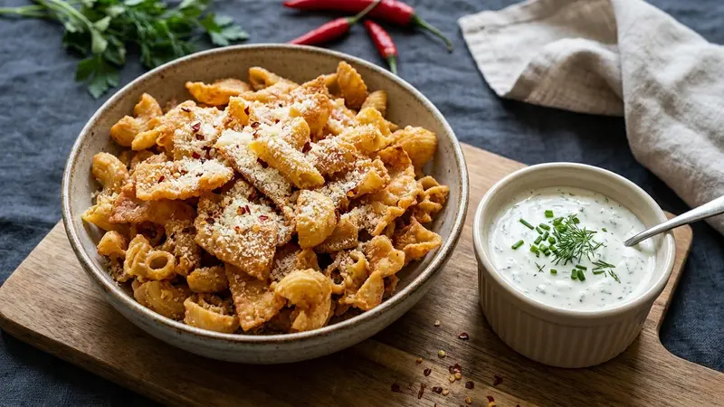 Fried Pasta Chips with Parmesan, Chili Flakes and Herbed Ranch Dip (Snackable Leftovers)