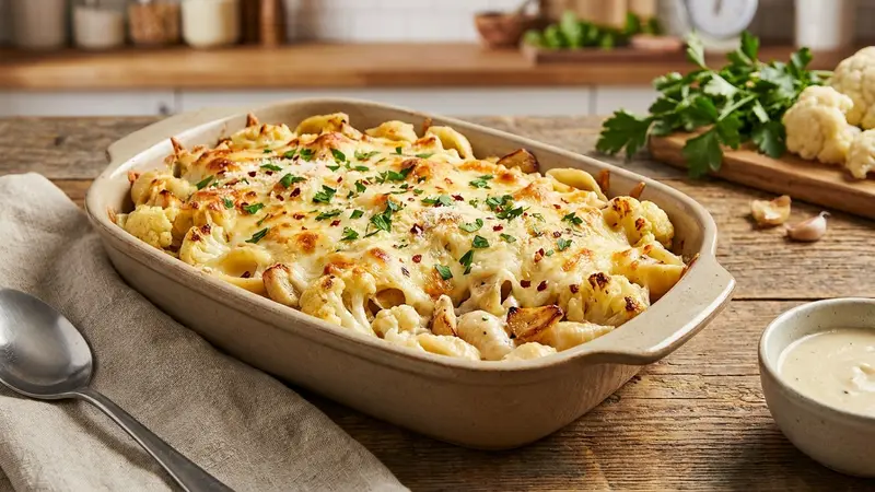 Gluten-Free Baked Pasta Casserole with Cauliflower Alfredo
