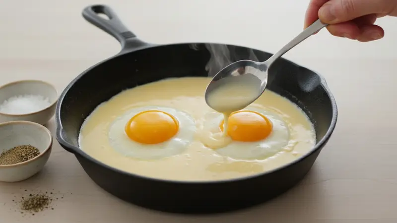 Fry the eggs in the cream and season