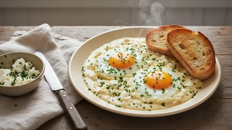 Goad Cheese and Chive Cream-Fried Eggs