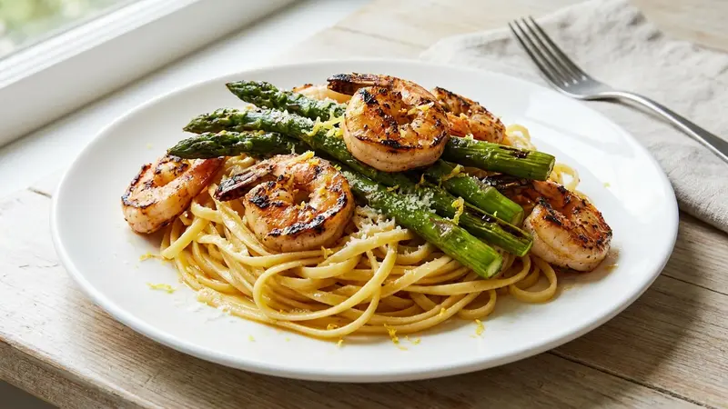 Grilled Asparagus and Shrimp Linguine with Chili Lemon Butter
