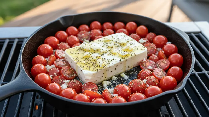 Assemble feta and tomatoes in skillet; roast on the grill
