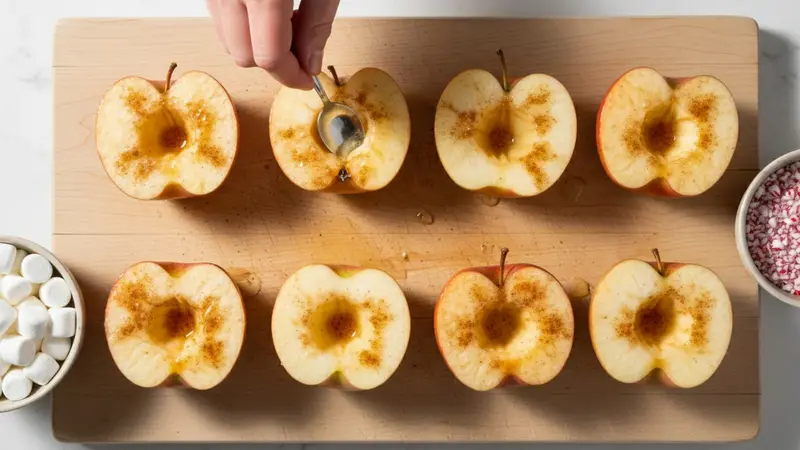 Halve and hollow the apples; prep toppings