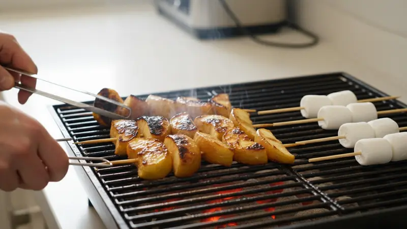 Two-zone grill: sear apples, finish indirect and toast marshmallows