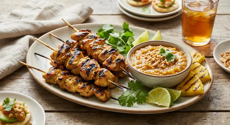 Grilled Chicken Satay with Charred Pineapple-Peanut Dipping Sauce
