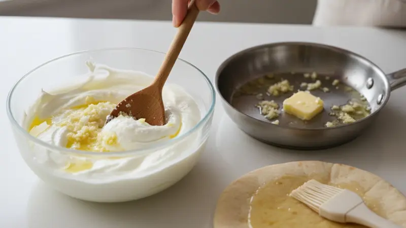 Make the garlic-yogurt sauce and garlic butter