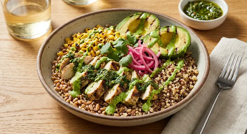 Grilled Chimichurri Chicken Grain Bowl with Charred Corn and Avocado