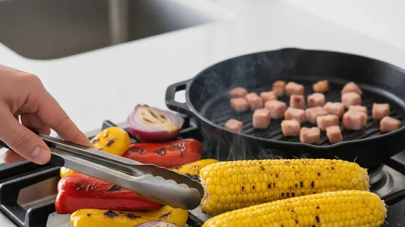 Char corn, pancetta and peppers on the grill