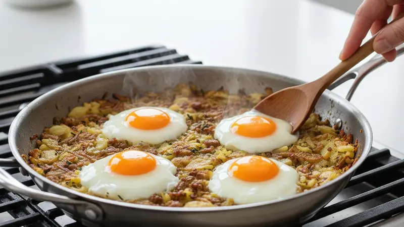 Cook sunny-side eggs in the skillet