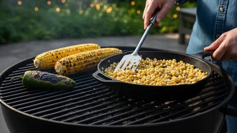 Grill corn, roast jalapeño, and char the hominy (and bread if using)