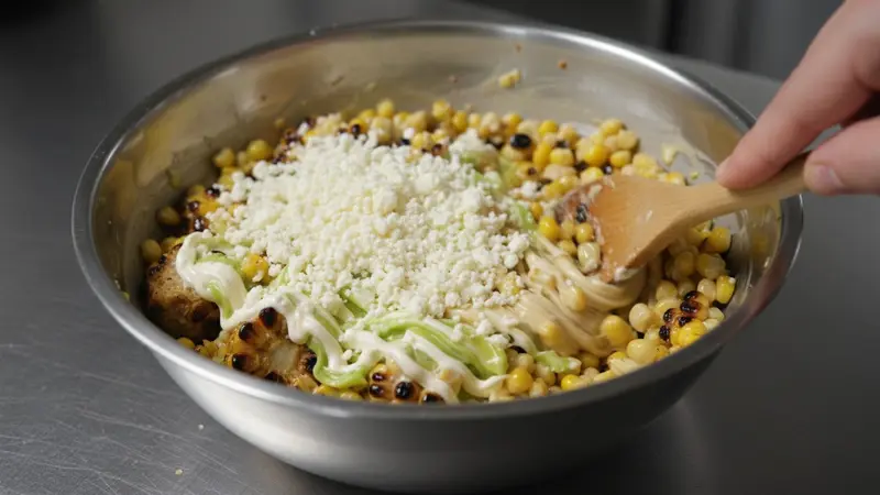 Combine kernels, hominy, mayo, cotija and lime