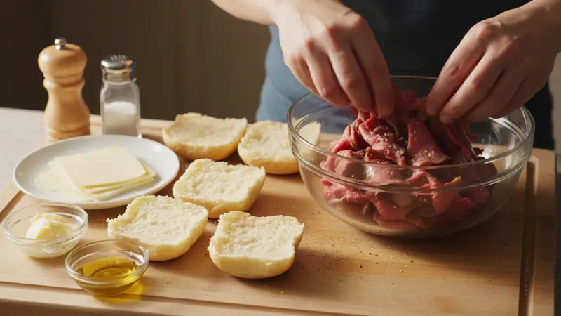 Prep rolls, cheese and season beef