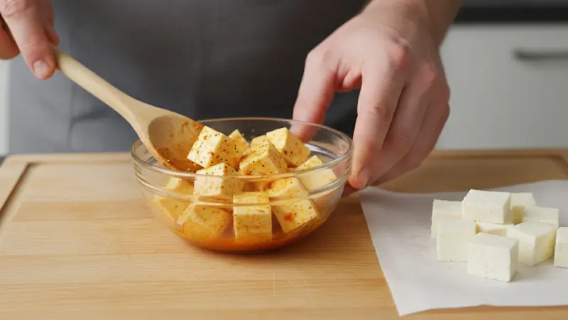 Cube and marinate the halloumi