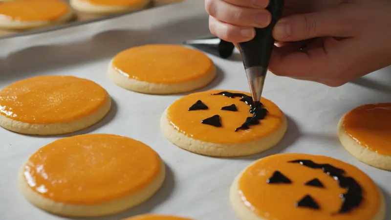 Pipe jack‑o'‑lantern faces and let icing dry