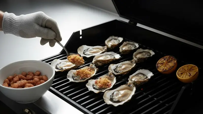 Grill oysters, top and finish with lemon