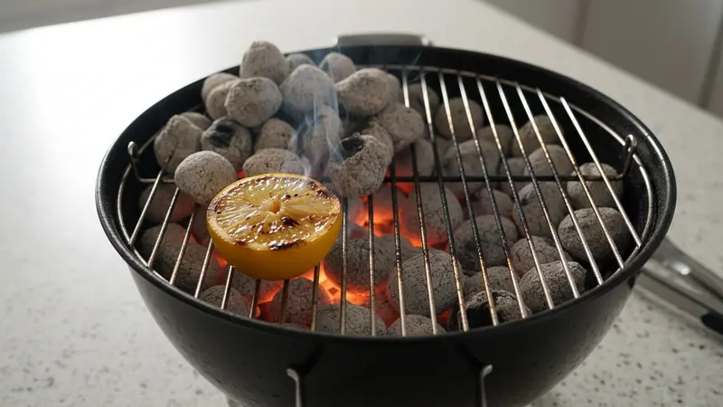 Build a two-zone charcoal fire and char the lemon