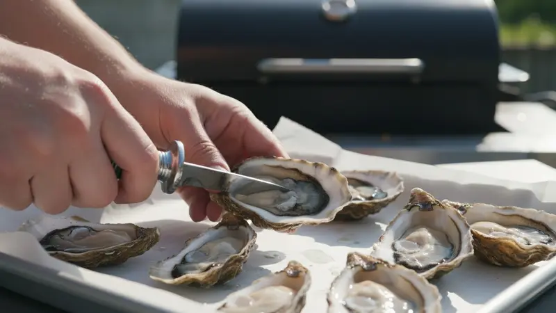 Preheat grill and shuck oysters