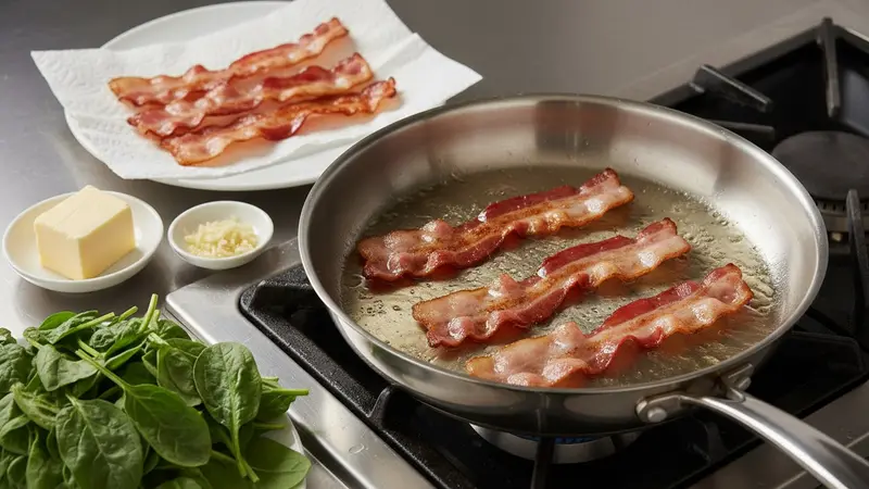 Make the spinach–bacon–Parmesan topping