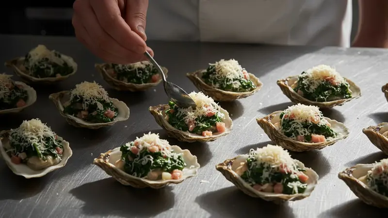 Assemble oysters with panko topping