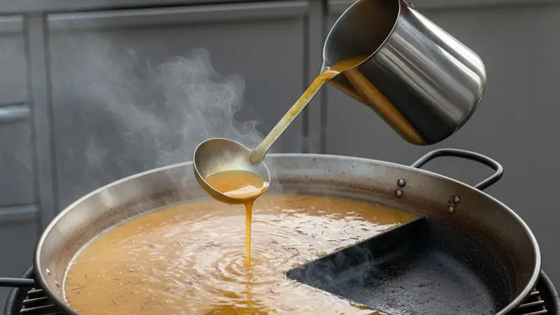 Make (or warm) saffron stock and set up two‑zone grill