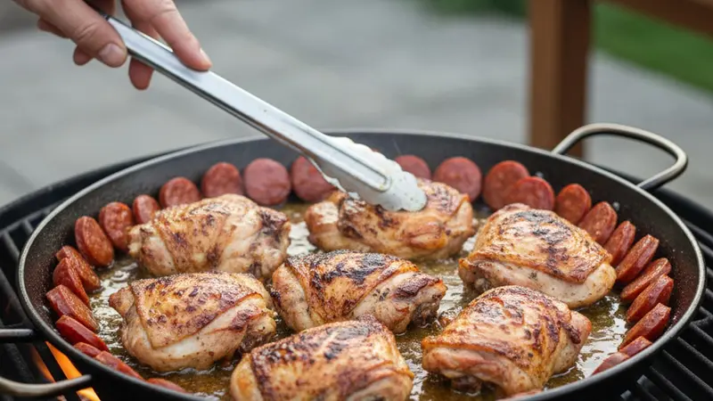 Sear chicken and chorizo to build charred flavor