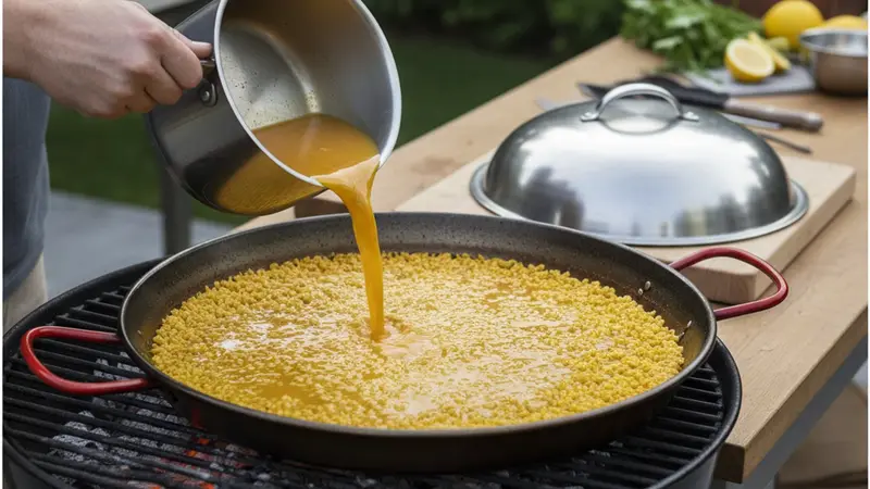 Add rice and saffron stock; simmer over indirect heat