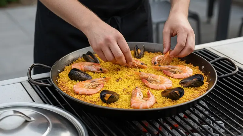 Add shrimp and mussels; finish for socarrat and extra char