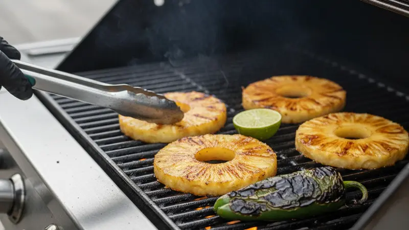 Prep and char the pineapple, limes, and jalapeño